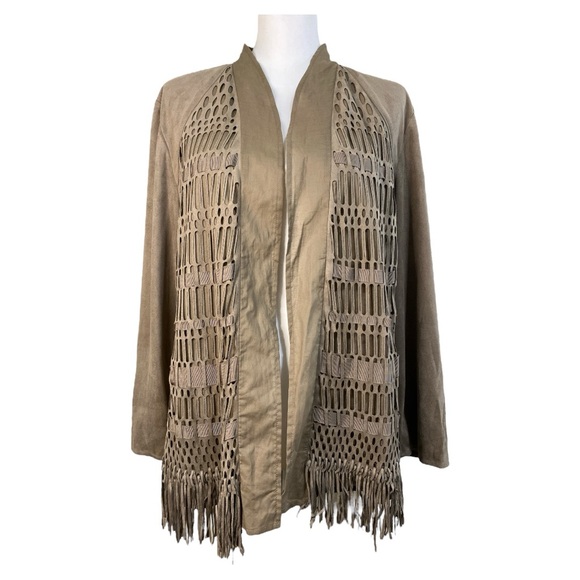Chico's Faux Suede Lightweight Jacket Open‎ Front Light Brown Fringe Size L - Picture 1 of 9